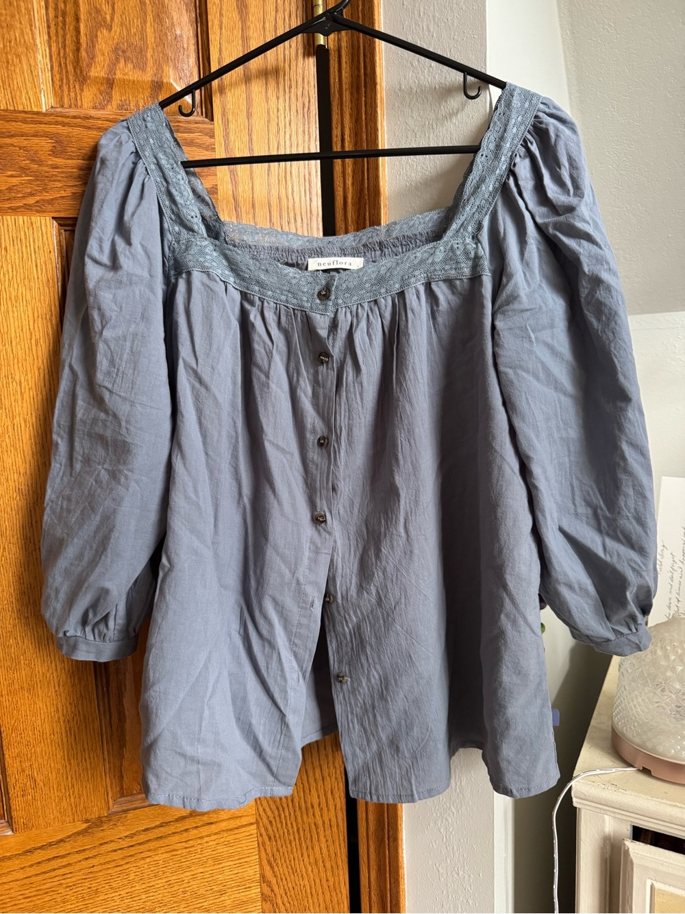 Neuflora Byron Bay Blue Peasant Button-Front Women's Top
